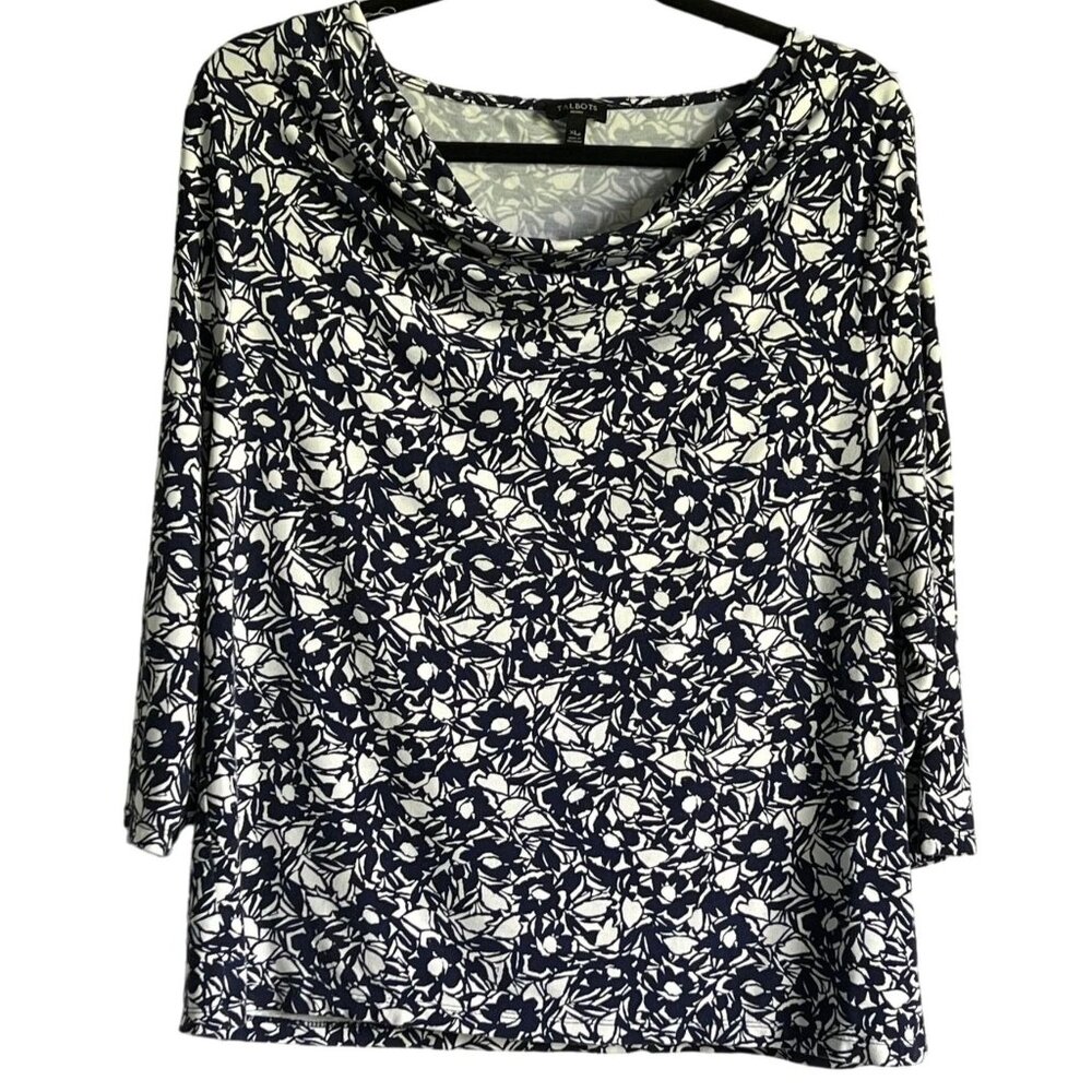 Talbots Petite Womens Floral Print Cowl Neck Top XLP Navy White 3/4 Sleeve
